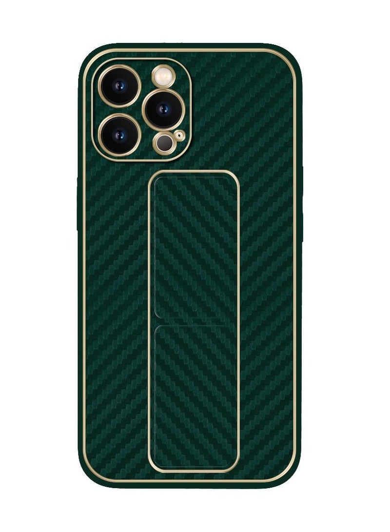 CATANES iPhone 12 Pro Max Carbon Fiber Texture Case Cover with Finger Grip Loop and Foldable Stand Green  - Image 1