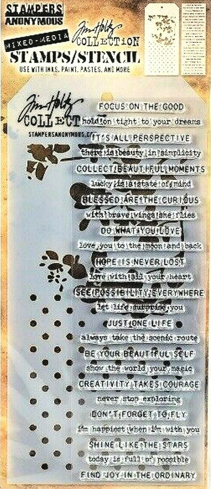 Tim Holtz Collection Stampers Anonymous Tim Holtz Polka Dot Blossom Sayings Mixed Media Stamp and Stencil Set THMM113