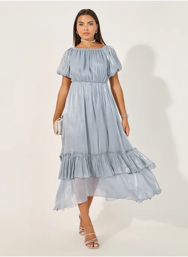 ستايلي Plain Balloon Sleeves A-Line Maxi Dress with Layered Hem