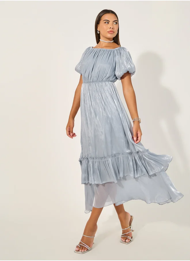 ستايلي Plain Balloon Sleeves A-Line Maxi Dress with Layered Hem
