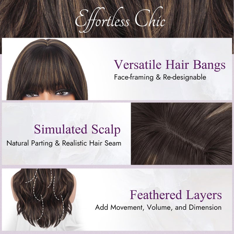 BARSDAR Dark Brown Mix Auburn Highlight Layered Wig with Bangs - 20 Inch Layered Wig with Bangs for Women, Natural Looking Soft Wavy Synthetic Wigs Straight Layers Haircut Fringe Daily - Image 3