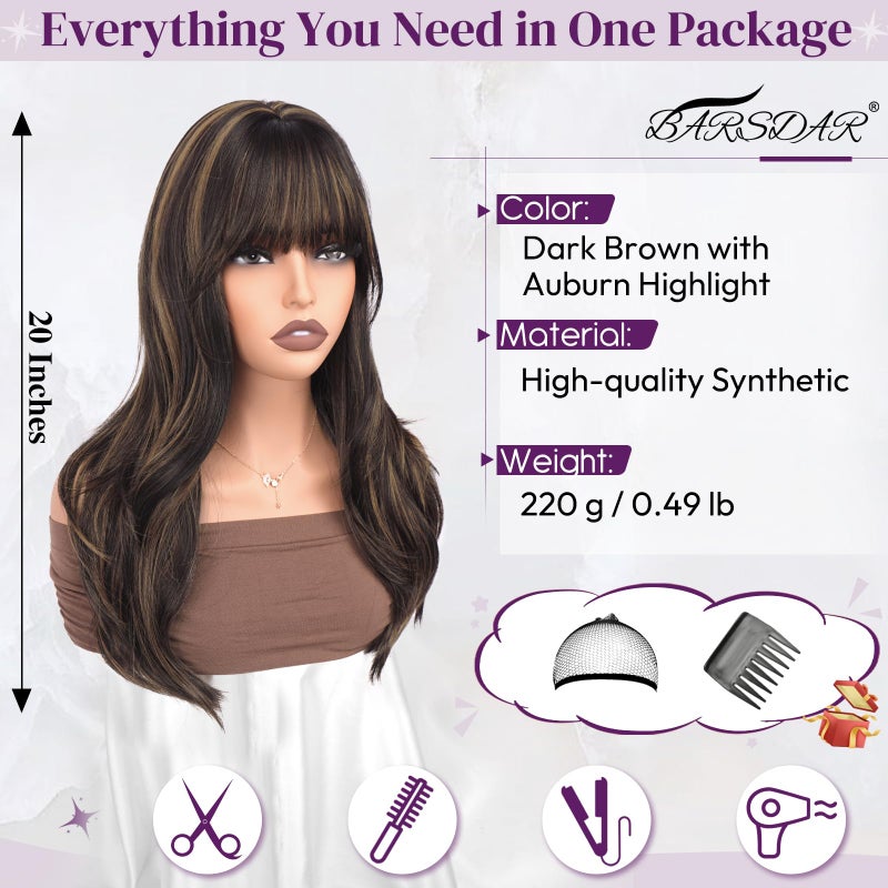 BARSDAR Dark Brown Mix Auburn Highlight Layered Wig with Bangs - 20 Inch Layered Wig with Bangs for Women, Natural Looking Soft Wavy Synthetic Wigs Straight Layers Haircut Fringe Daily - Image 2