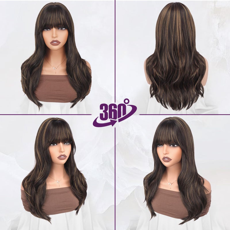 BARSDAR Dark Brown Mix Auburn Highlight Layered Wig with Bangs - 20 Inch Layered Wig with Bangs for Women, Natural Looking Soft Wavy Synthetic Wigs Straight Layers Haircut Fringe Daily - Image 4