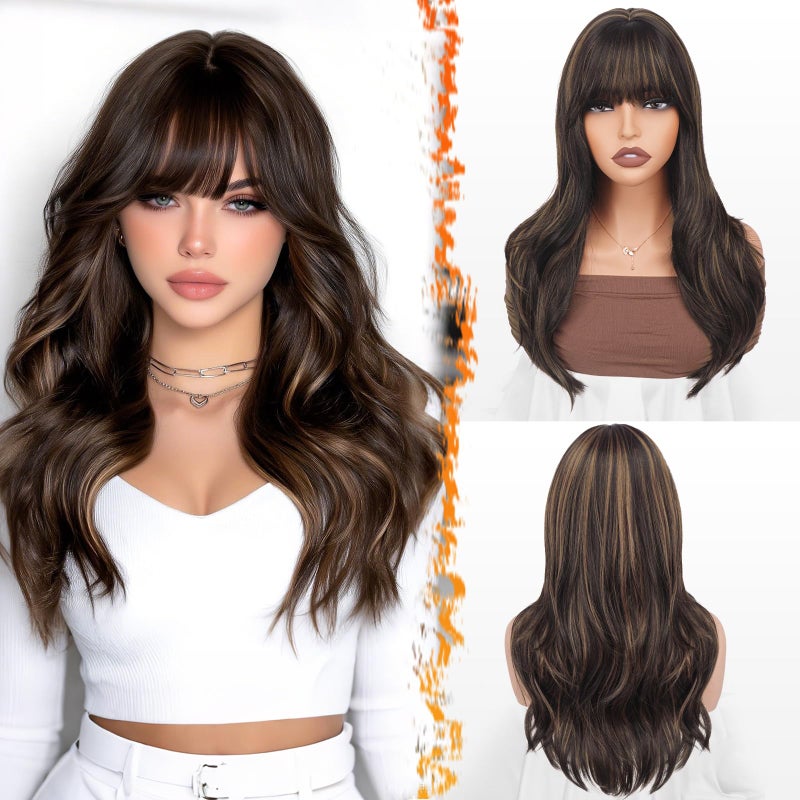 BARSDAR Dark Brown Mix Auburn Highlight Layered Wig with Bangs - 20 Inch Layered Wig with Bangs for Women, Natural Looking Soft Wavy Synthetic Wigs Straight Layers Haircut Fringe Daily - Image 1