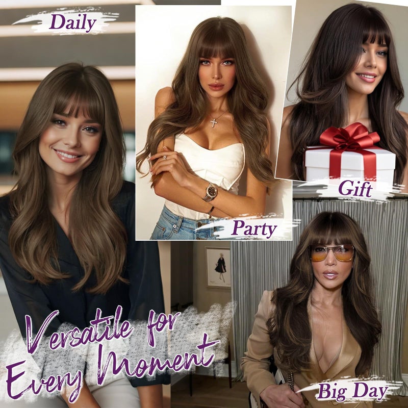 BARSDAR Dark Brown Mix Auburn Highlight Layered Wig with Bangs - 20 Inch Layered Wig with Bangs for Women, Natural Looking Soft Wavy Synthetic Wigs Straight Layers Haircut Fringe Daily - Image 5