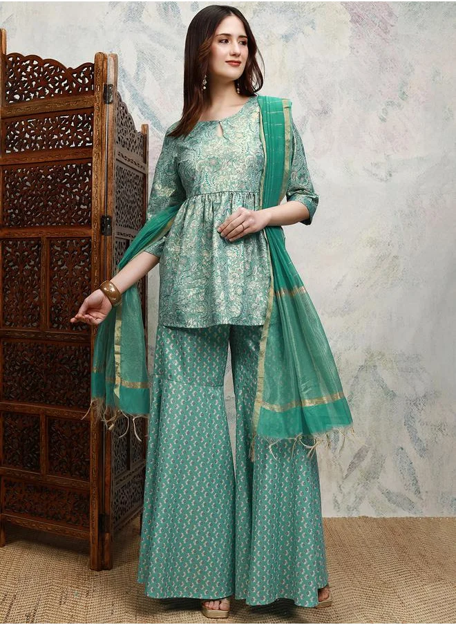 Vishudh Blue Printed Keyhole Neck  Sharara by Styli