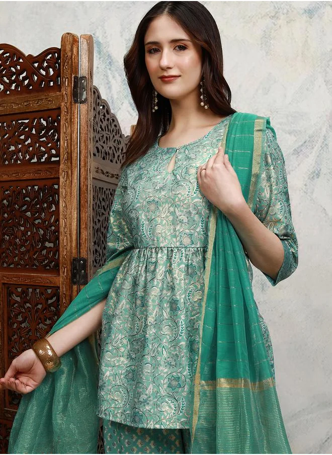 Vishudh Blue Printed Keyhole Neck  Sharara by Styli