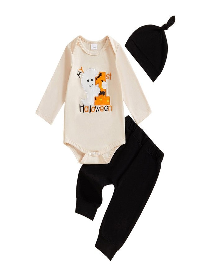 Thorn Tree Baby Girl Boy Halloween Outfit My 1st Halloween Ghost Romper Long Pants Knit Hat Newborn Infant Fall Clothes (Black, 3-6 Months) - Image 1