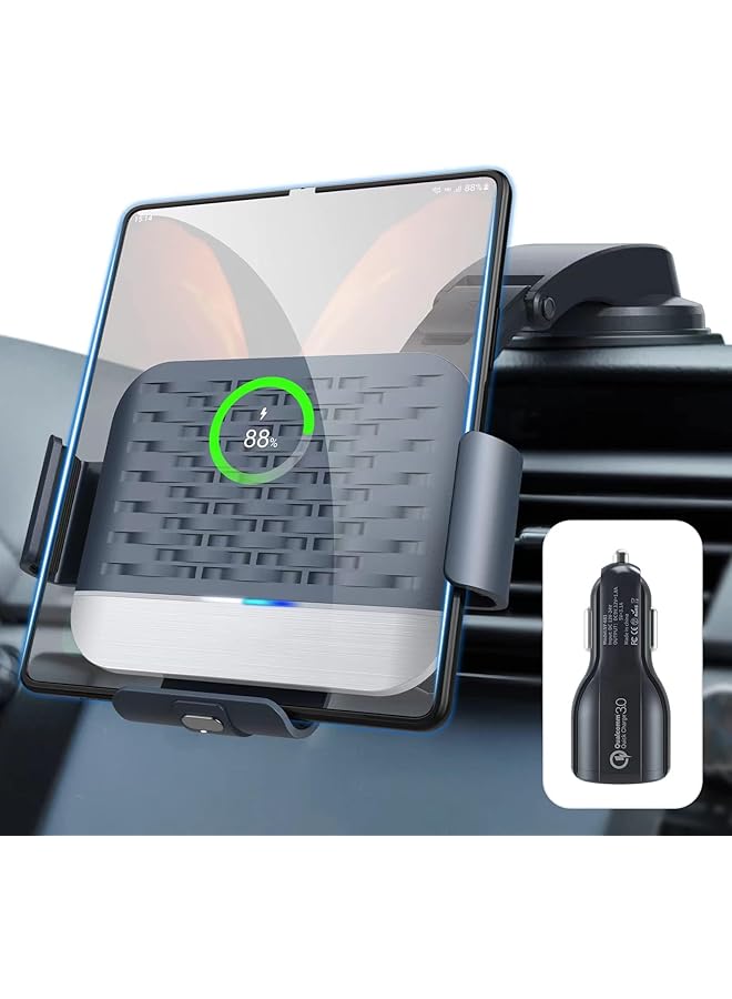 إكسفور شاحن سيارة لاسلكي لهاتف Galaxy Z Fold 4/3/2، [ملفان مزدوجان] حامل هاتف سريع الشحن للسيارة، حامل هاتف تلقائي التثبيت على لوحة القيادة في فتحة التهوية لهاتف Galaxy Z Fold/Note - Image 1