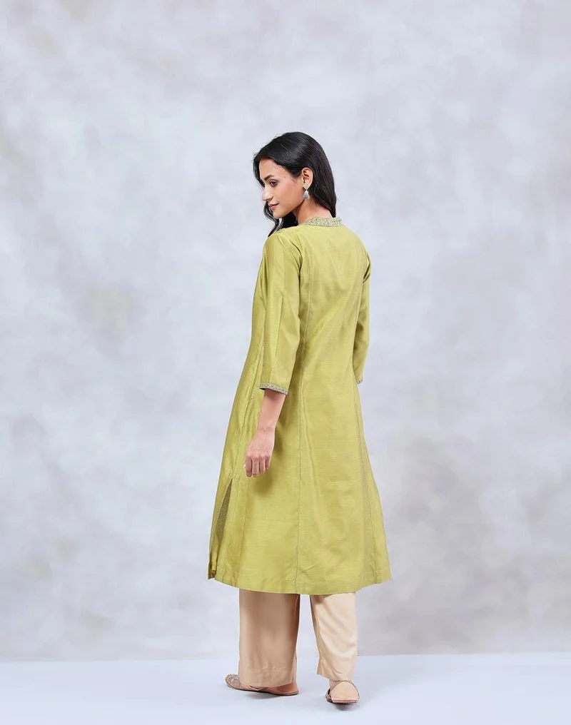 Fabindia  Green Cotton Silk Hand Embroidered Slim Fit Long Kurta for Women | Best Price UAE