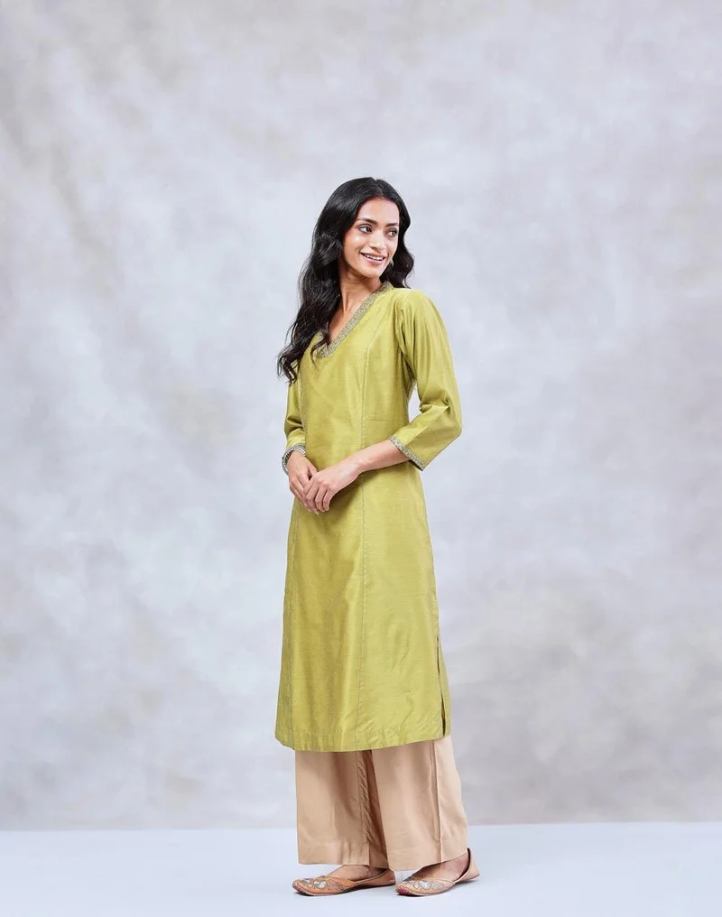 Fabindia  Green Cotton Silk Hand Embroidered Slim Fit Long Kurta for Women | Best Price UAE