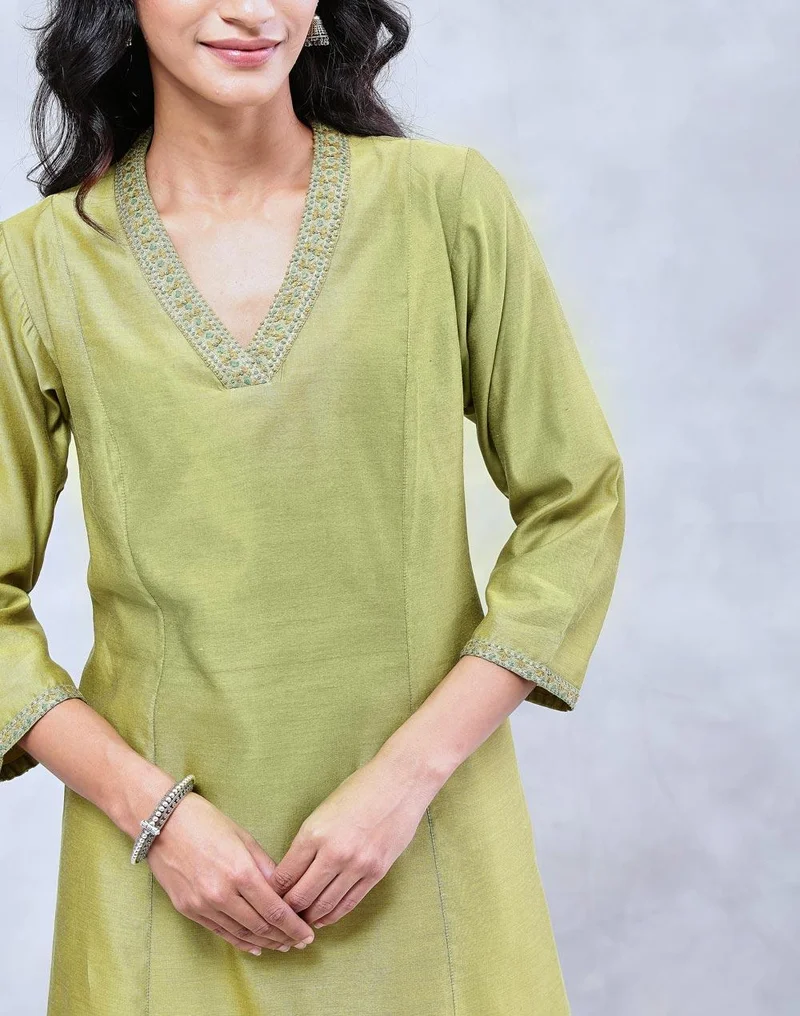 Fabindia  Green Cotton Silk Hand Embroidered Slim Fit Long Kurta for Women | Best Price UAE