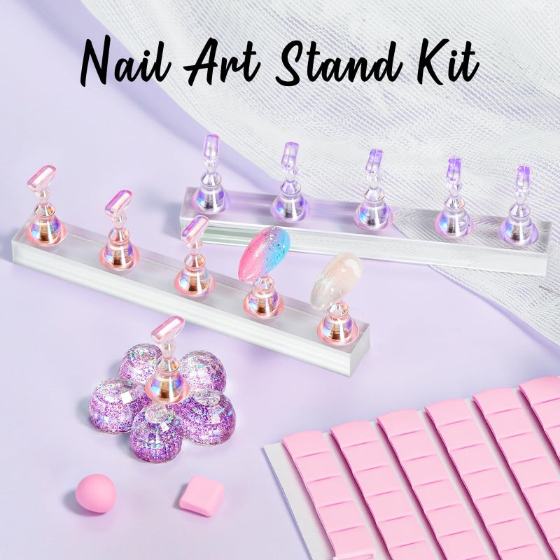 Makartt Holographic Nail Stand for Press-On Nails DIY, Magnetic Holder, 1 Flower & 2 Long Bases, Press-on Stand for Gel Curing, Beginners Practice Skills, Nail Tech & Content Creators Display Nails - Image 2