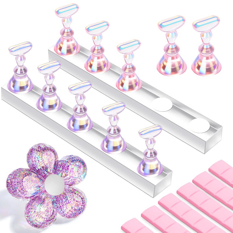 Makartt Holographic Nail Stand for Press-On Nails DIY, Magnetic Holder, 1 Flower & 2 Long Bases, Press-on Stand for Gel Curing, Beginners Practice Skills, Nail Tech & Content Creators Display Nails - Image 1