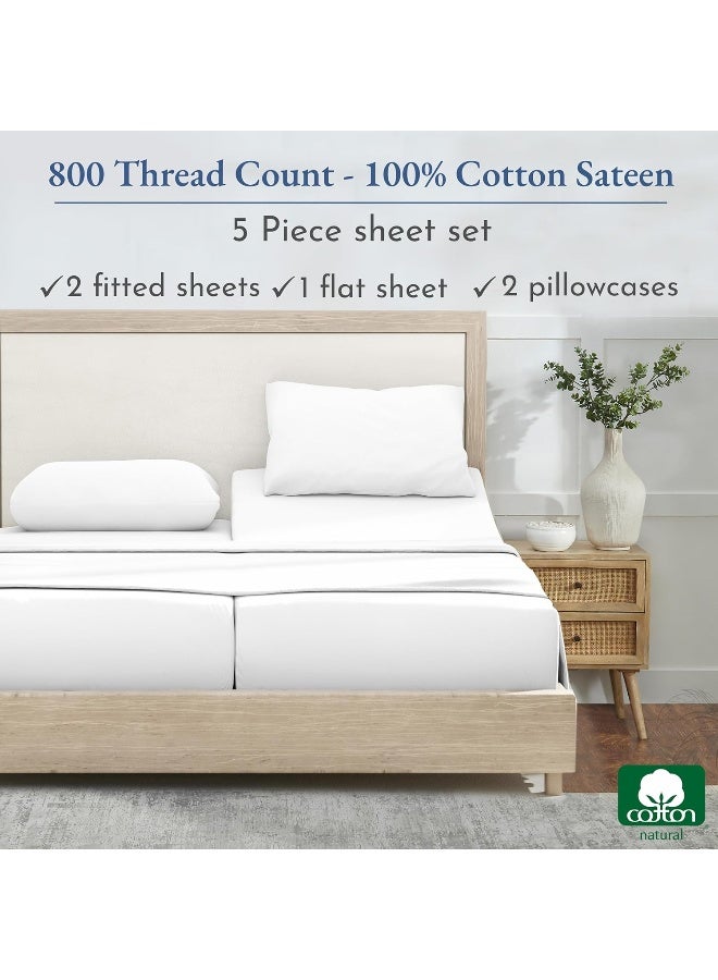 California Design Den California Design Den - Split King Sheets Sets for Adjustable Bed, Buttery Soft 800 Thread Count, 100% Cotton Set Beats Fake Egyptian Claims, 5 Piece Set with 2 Twin XL Fitted Sheets (Bright White) - Image 3
