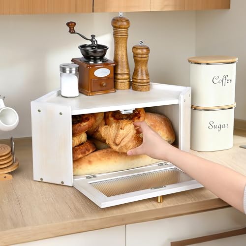 Ollieroo Vintage Coner Bread Box for Kitchen Countertop, Bamboo Bread Storage Container, Breadbox for Homemade Bread, Large Capacity Bread Bin(White) - Image 2