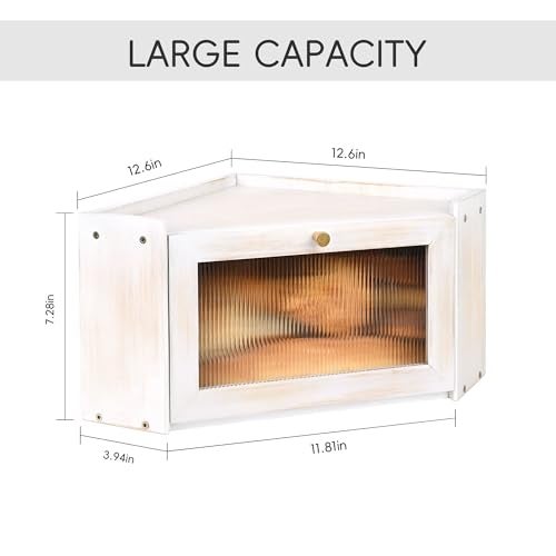 Ollieroo Vintage Coner Bread Box for Kitchen Countertop, Bamboo Bread Storage Container, Breadbox for Homemade Bread, Large Capacity Bread Bin(White) - Image 3