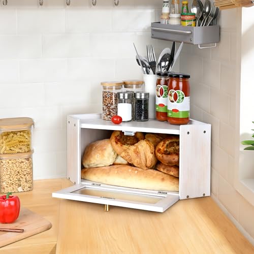 Ollieroo Vintage Coner Bread Box for Kitchen Countertop, Bamboo Bread Storage Container, Breadbox for Homemade Bread, Large Capacity Bread Bin(White) - Image 4