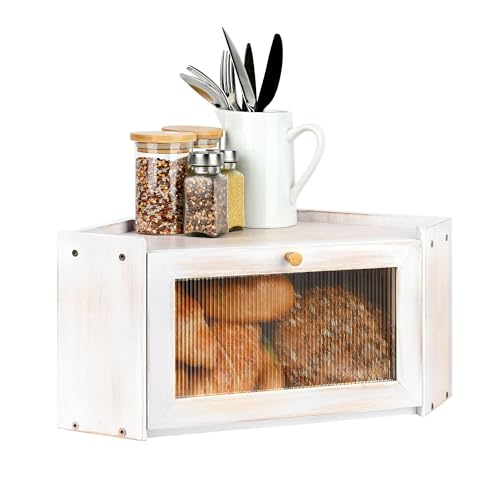 Ollieroo Vintage Coner Bread Box for Kitchen Countertop, Bamboo Bread Storage Container, Breadbox for Homemade Bread, Large Capacity Bread Bin(White) - Image 1