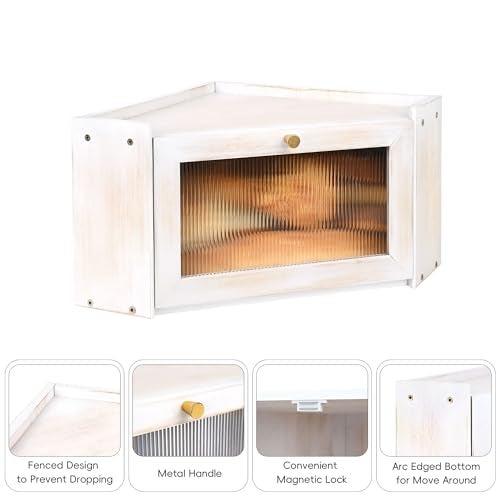 Ollieroo Vintage Coner Bread Box for Kitchen Countertop, Bamboo Bread Storage Container, Breadbox for Homemade Bread, Large Capacity Bread Bin(White) - Image 5