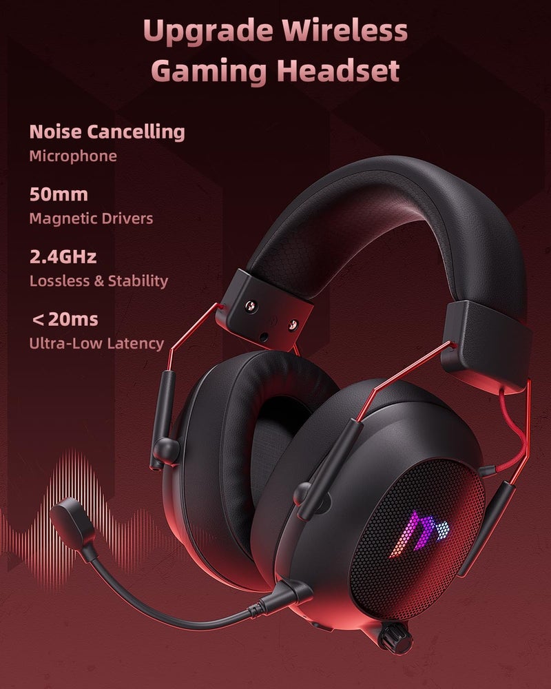 Mytrix 2.4GHz Wireless Gaming Headset with Noise Cancelling Detachable Mic for PC/PS5/PS4/Switch/Mac,Foldable Wired Headphones with RGB Light, 2.4GHz/Bluetooth/3.5mm Over-Ear Headphones,Surround Sound - Image 2
