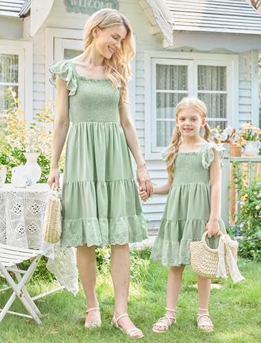 AWIBMK Mommy and Me Dress Boho Summer Casual Holiday Mother Daughter Matching Ruffle Sleeve Aline Tiered Smocked Dress Green XL - Image 3