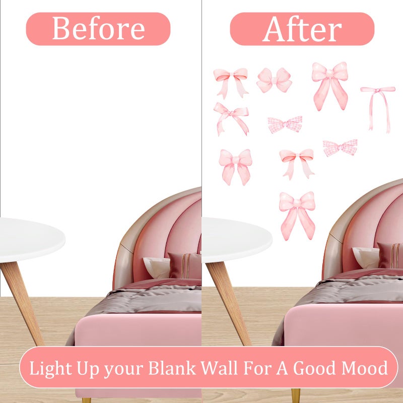 loghohu 8Sheets 56Pcs Wall Decals for Girls Bedroom Bow Wallpaper Pink Bow Wall Stickers Light Pink Bow Knot Wall Decals Room Mural Stickers for Nursery Girls Party Home Bedroom TV Background Decor - Image 4