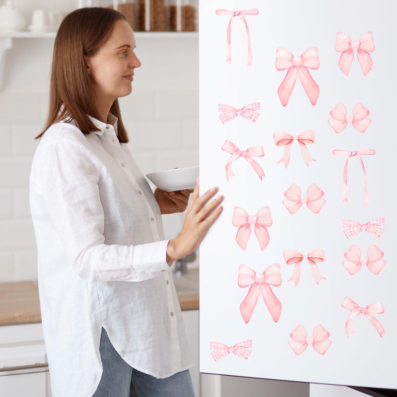 loghohu 8Sheets 56Pcs Wall Decals for Girls Bedroom Bow Wallpaper Pink Bow Wall Stickers Light Pink Bow Knot Wall Decals Room Mural Stickers for Nursery Girls Party Home Bedroom TV Background Decor - Image 3