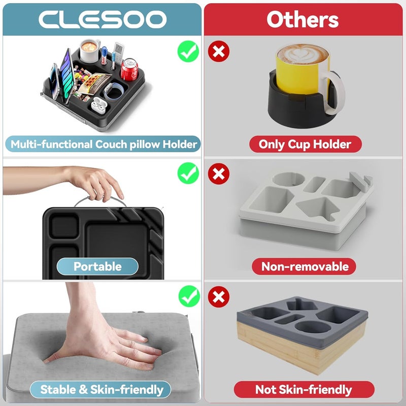 CLESOO Couch Cup Holder Tray Couch Cup Holder Pillow Bed Tray Snack Sofa Bed Caddy Organizer Beach Sofa Drink Holder Anti-Spill Portable Snack Caddy Couch Remote Holder for Phone Pad Kindle Beverage Black - Image 4