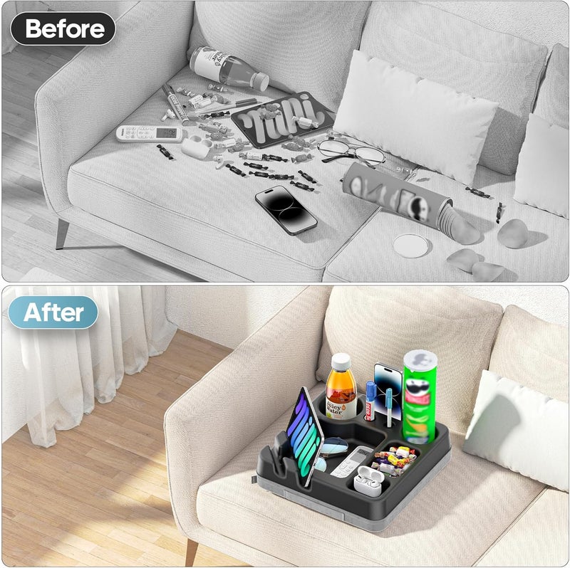 CLESOO Couch Cup Holder Tray Couch Cup Holder Pillow Bed Tray Snack Sofa Bed Caddy Organizer Beach Sofa Drink Holder Anti-Spill Portable Snack Caddy Couch Remote Holder for Phone Pad Kindle Beverage Black - Image 2