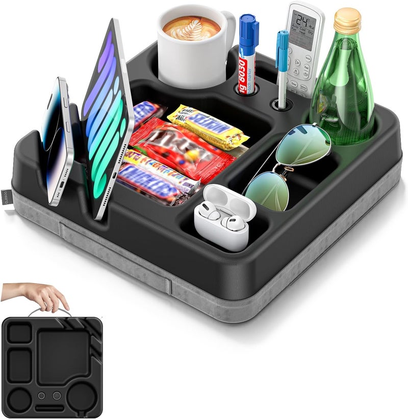CLESOO Couch Cup Holder Tray Couch Cup Holder Pillow Bed Tray Snack Sofa Bed Caddy Organizer Beach Sofa Drink Holder Anti-Spill Portable Snack Caddy Couch Remote Holder for Phone Pad Kindle Beverage Black - Image 1