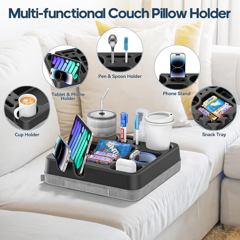CLESOO Couch Cup Holder Tray Couch Cup Holder Pillow Bed Tray Snack Sofa Bed Caddy Organizer Beach Sofa Drink Holder Anti-Spill Portable Snack Caddy Couch Remote Holder for Phone Pad Kindle Beverage Black - Image 3