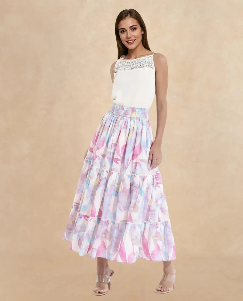 Rareism Women's Flared Maxi Abstract Print Skirt