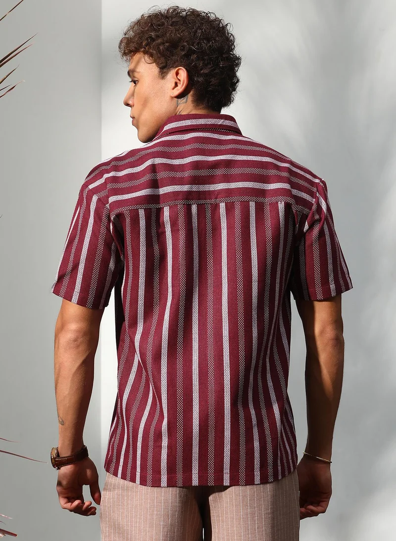 Campus Sutra Men's Maroon Red Pencil Striped Shirt For Casual Wear | Spread Collar | Short Sleeve | Button Closure | Shirt Crafted With Comfort Fit For Everyday Wear