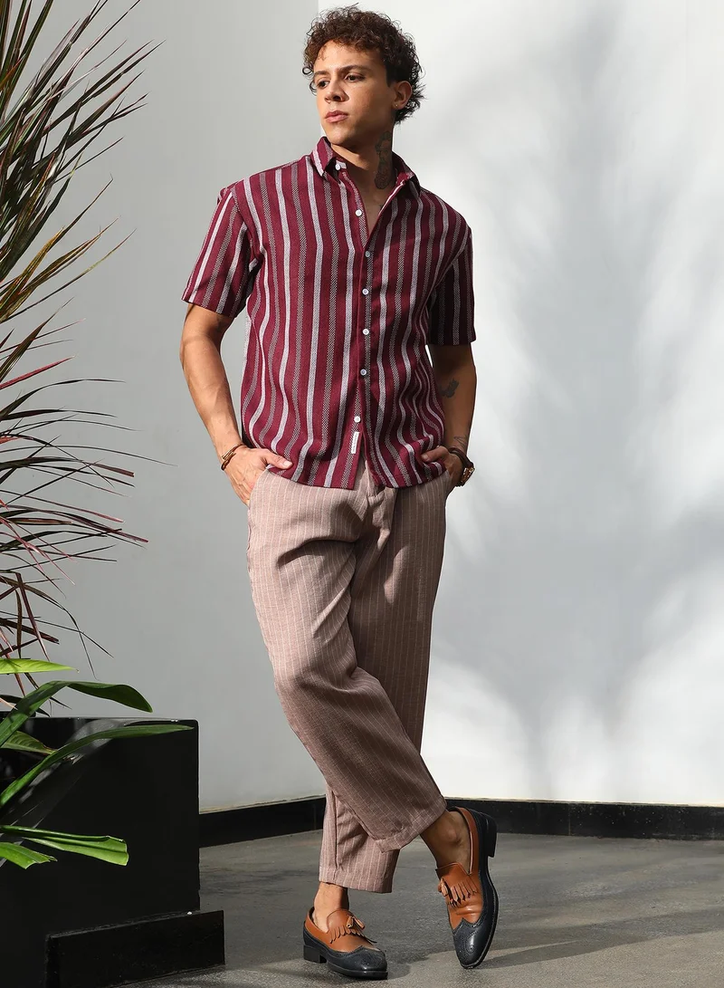 Campus Sutra Men's Maroon Red Pencil Striped Shirt For Casual Wear | Spread Collar | Short Sleeve | Button Closure | Shirt Crafted With Comfort Fit For Everyday Wear