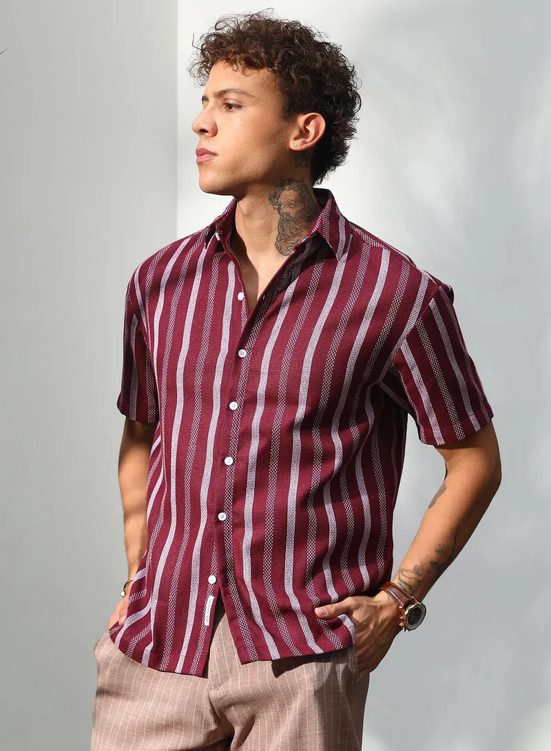 Campus Sutra Men's Maroon Red Pencil Striped Shirt For Casual Wear | Spread Collar | Short Sleeve | Button Closure | Shirt Crafted With Comfort Fit For Everyday Wear