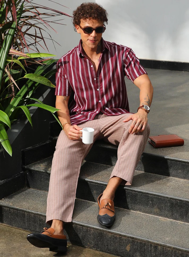Campus Sutra Men's Maroon Red Pencil Striped Shirt For Casual Wear | Spread Collar | Short Sleeve | Button Closure | Shirt Crafted With Comfort Fit For Everyday Wear