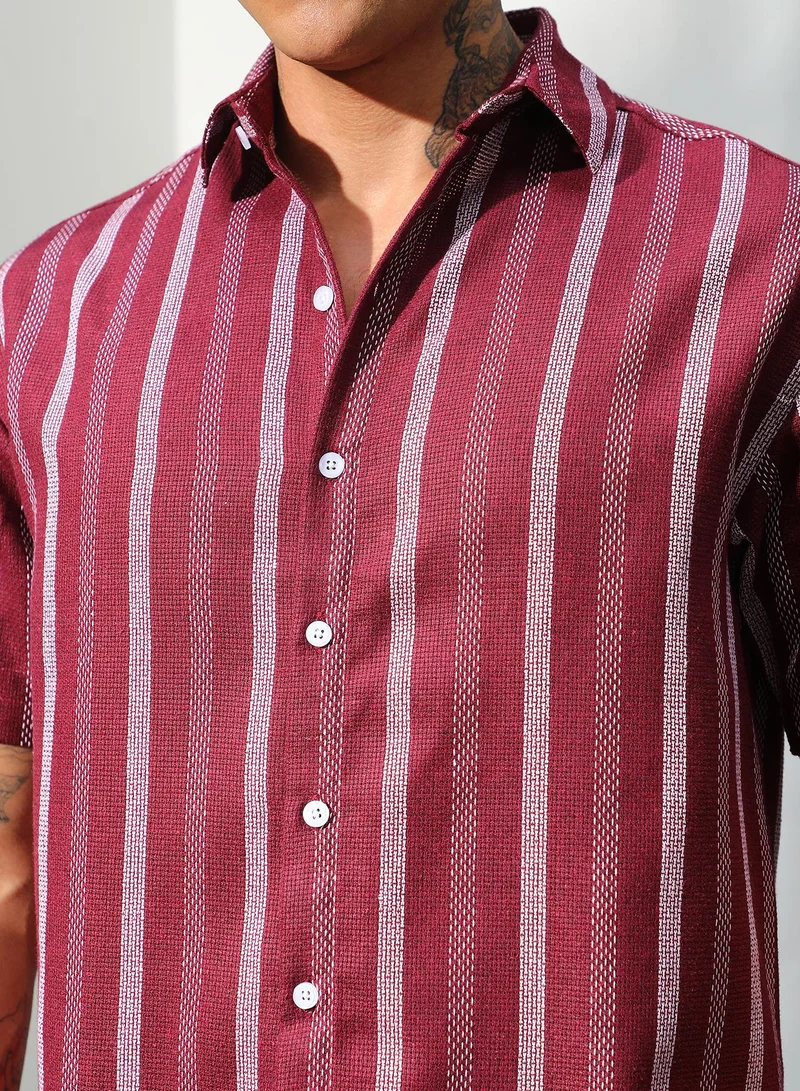 Campus Sutra Men's Maroon Red Pencil Striped Shirt For Casual Wear | Spread Collar | Short Sleeve | Button Closure | Shirt Crafted With Comfort Fit For Everyday Wear