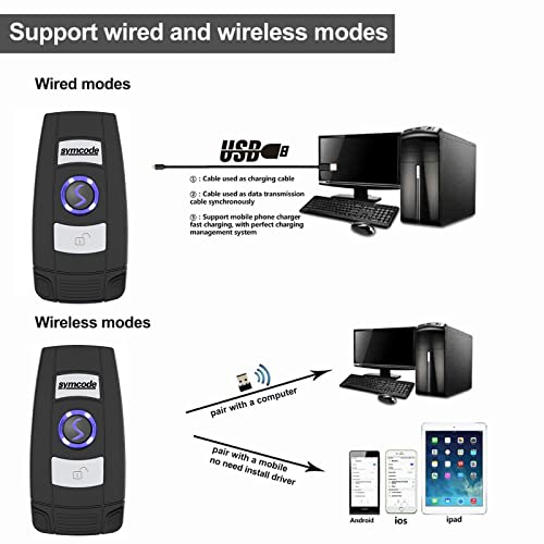 symcode Mini 2D Portable Handheld Bluetooth Barcode Scanner Wireless 2.4G & USB Wired 3-in-1 Bar Code Scanner Portable USB QR Code Scanner for Windows.Android.iOS.MAC - Image 3