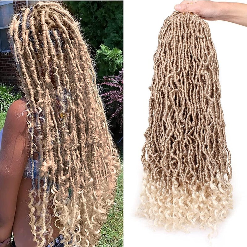 Leeven 24 Inch Goddess New Faux Locs Crochet Hair Ombre Blonde 7 Packs Long Soft Locs Crochet Braids Hair With Curly Ends Synthetic Bohemian Locs Braiding Hair for Women 12 Strands/Pack - Image 1