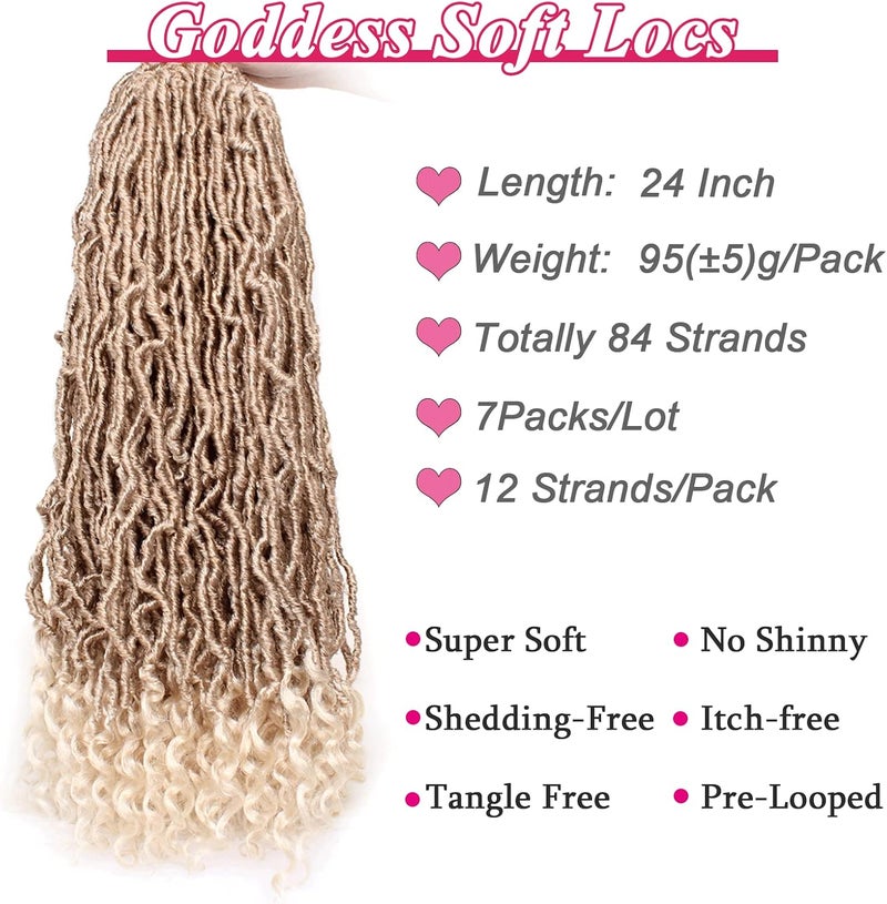Leeven 24 Inch Goddess New Faux Locs Crochet Hair Ombre Blonde 7 Packs Long Soft Locs Crochet Braids Hair With Curly Ends Synthetic Bohemian Locs Braiding Hair for Women 12 Strands/Pack - Image 4