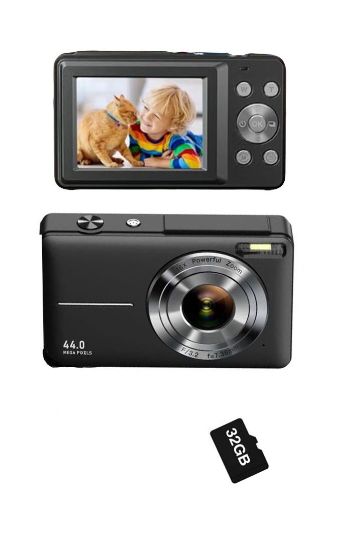 Digital Camera FHD 1080P Kids Camera 44MP Point and Shoot Digital Cameras with 32GB SD Card 16X Zoom Two Batteries  Lanyard Compact Small Camera for Kids Boys Girls  Black - Image 1