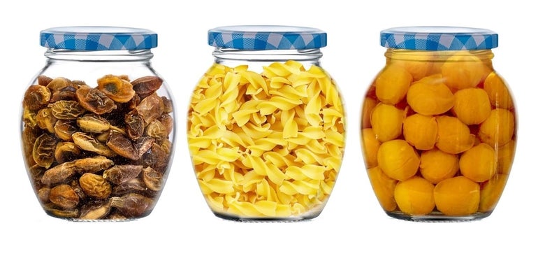 STAR WORK Matka Glass Jar for Storage of Spices and Dry Fruit, Air Tight Blue Checks Metal Lid Set of 3 (Blue Checks - 400 ml Transparent Food Containers Set for Home - Image 1
