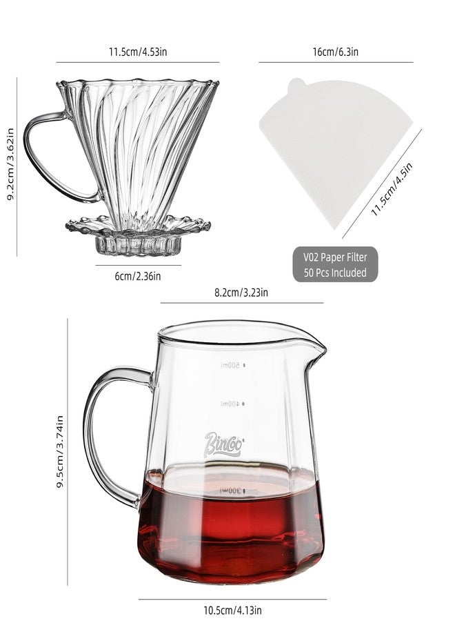 Bincoo Pour Over Coffee Maker Set, V-shape 60° Cone Drip Coffee Maker, Included 16oz Borosilicate Glass Coffee Carafer and Size 02 Coffee Dripper & 50 Pcs Paper Filter (16oz-Clear) - Image 2