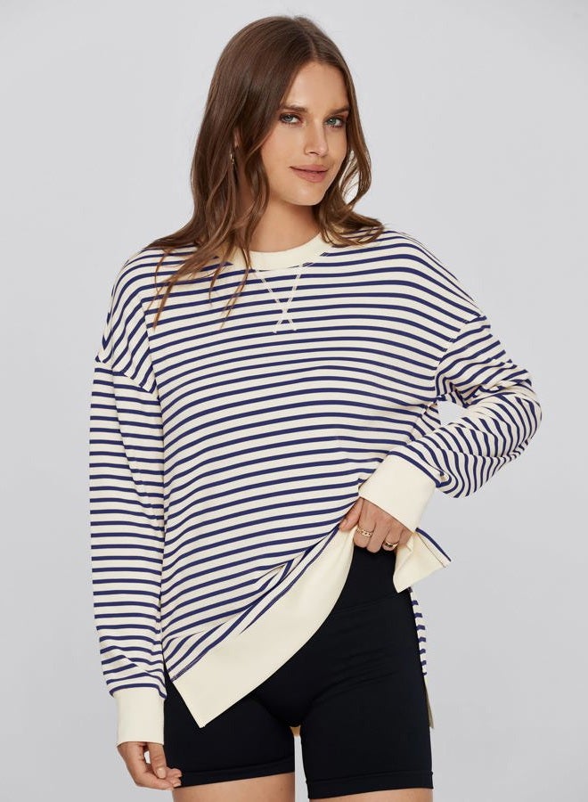 Glamaker Women's Long Sleeve Crewneck Sweatshirt Air Essentials Soft Loose Pullover Sweatshirts, B-navy, L - Image 4