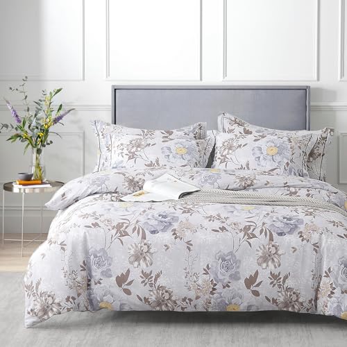 ALEISSEL Luxurious Cotton 3pcs Floral Comforter Sets Queen Size Light Gray Comfoter with Bluish Gray Taupe Floral and Botanical Prints Vintage Lightweight Bedding SetsQueen 9090 - Image 1