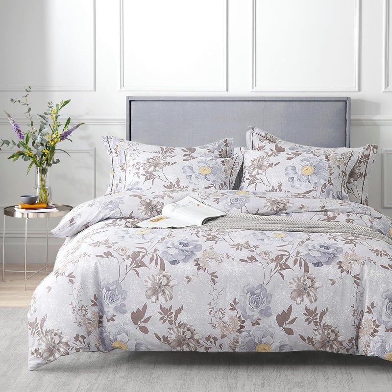 ALEISSEL Luxurious Cotton 3pcs Floral Comforter Sets Queen Size Light Gray Comfoter with Bluish Gray Taupe Floral and Botanical Prints Vintage Lightweight Bedding SetsQueen 9090 - Image 2