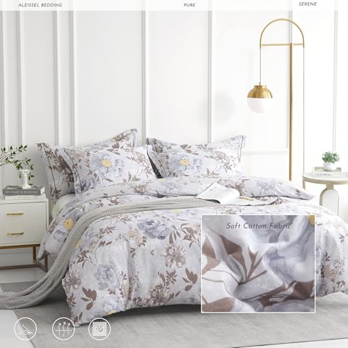 ALEISSEL Luxurious Cotton 3pcs Floral Comforter Sets Queen Size Light Gray Comfoter with Bluish Gray Taupe Floral and Botanical Prints Vintage Lightweight Bedding SetsQueen 9090 - Image 3