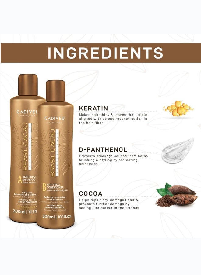 Brasil Cacau Anti-Frizz Shampoo and Conditioner Set - 2x300ml for Silky, Glossy Hair