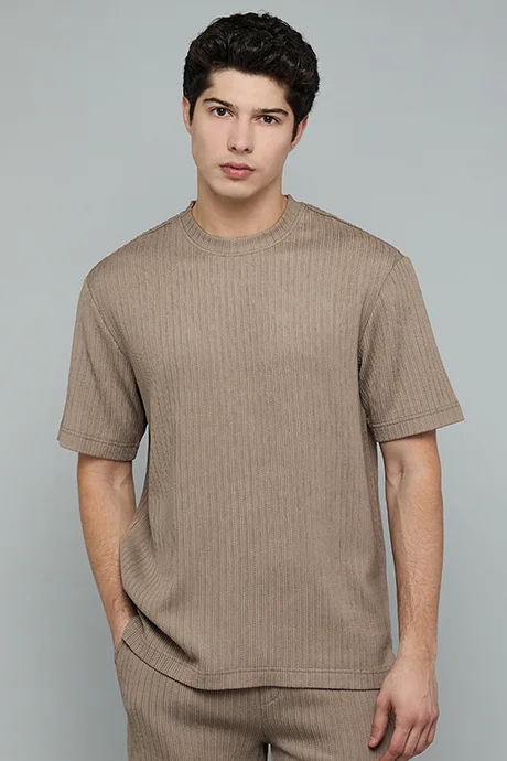 أر أند بي Textured T-Shirt with Crew Neck and Short Sleeves